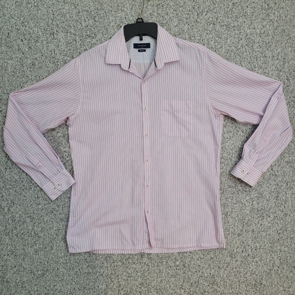 Peter‎ England Nuvo Fit Mens 40 Striped Button Down Shirt Pink Blue White L/S